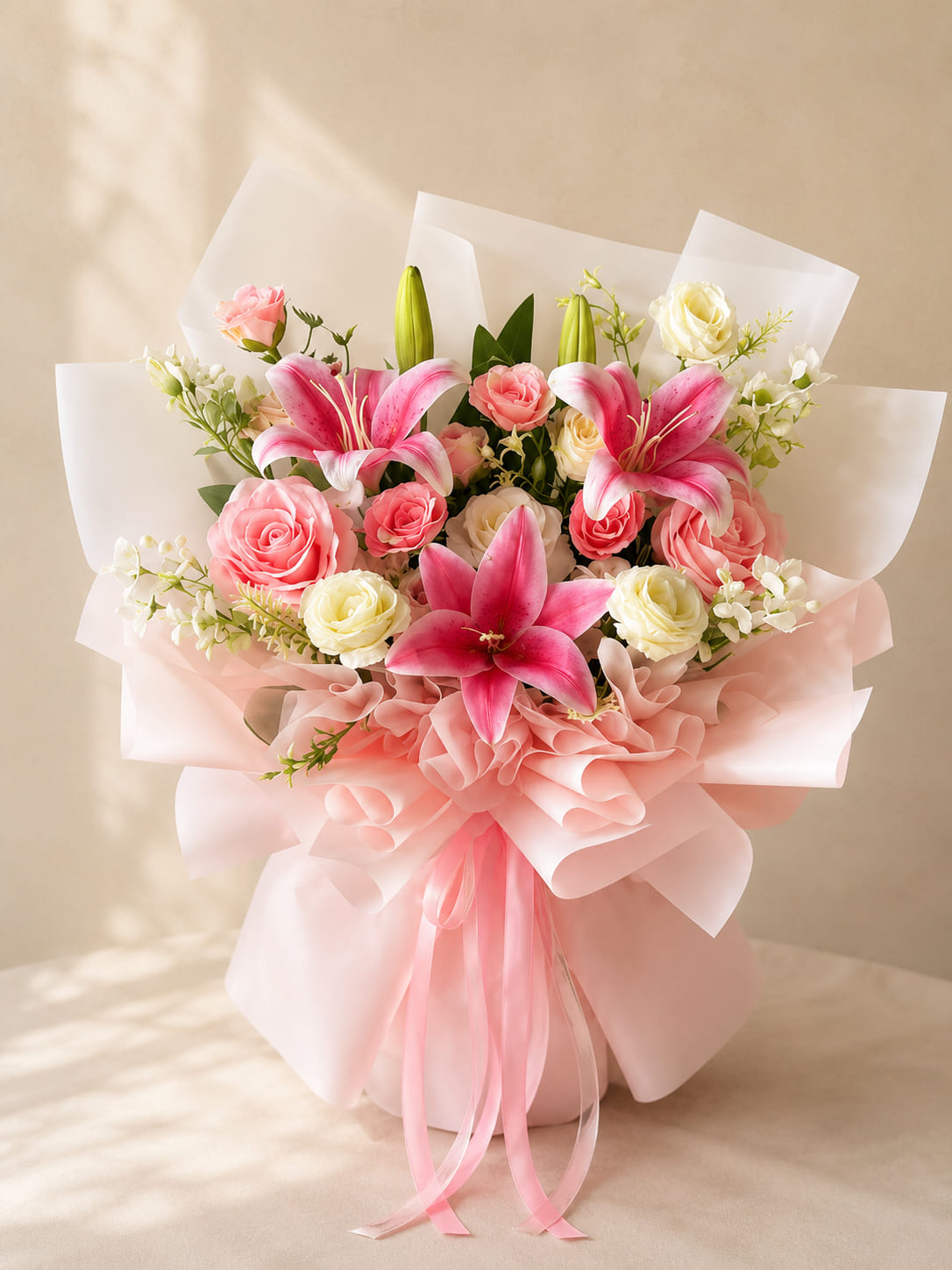 Bouquet luxueux de lys roses et roses livré à Rabat au Maroc