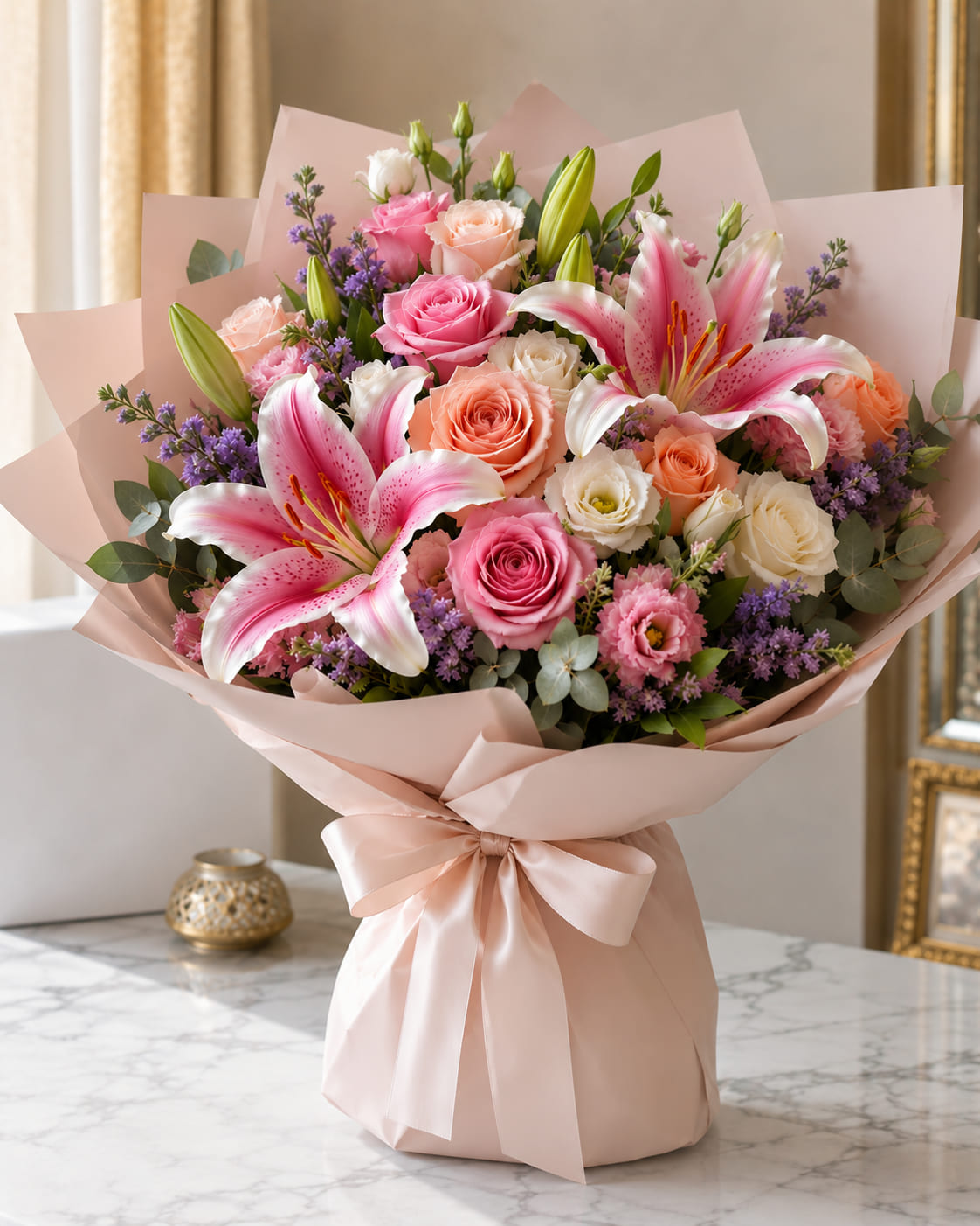 Bouquet d'anniversaire luxueux avec roses et lys livré au Maroc